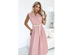 596-6 Elegantní midi košile se zlatými knoflíky a páskem – pudrově růžová