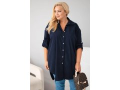 Dámská košile Plus Size z viskózy manšestrová s odepínacími rukávy modrá