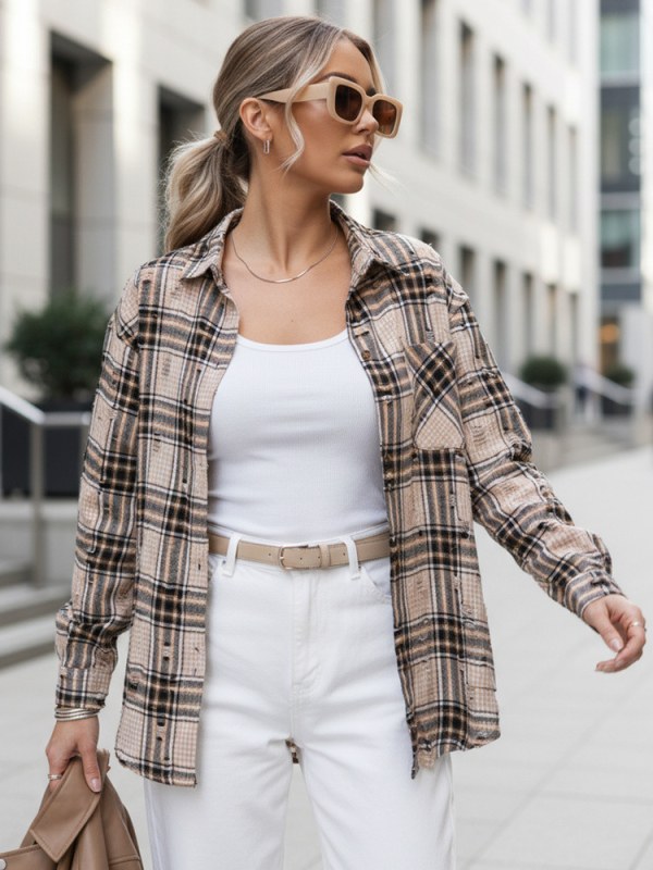 Dámská kostkovaná košile DY0485 béžovo-černá - FashionStreet