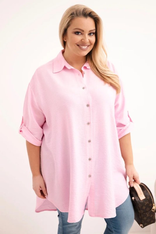 Dámská košile Plus Size z&nbsp;viskózy s&nbsp;delším zadním dílem cukrová růžová - Dámské oblečení košile