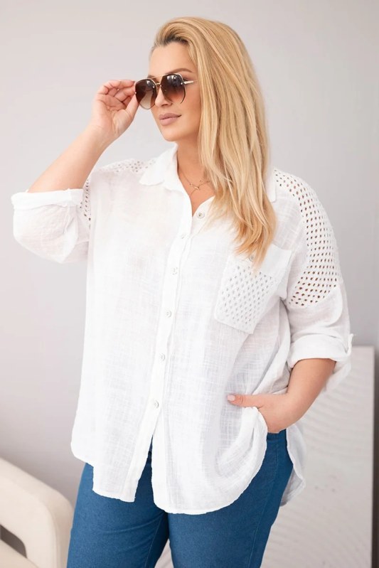 Dámská bavlněná košile Plus Size s límečkem a krajkovou vsadkou bílá