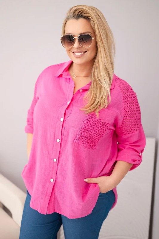 Dámská bavlněná košile Plus Size s límečkem a krajkovou vložkou růžová