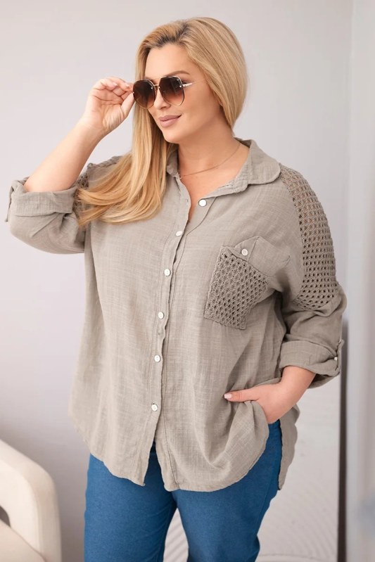 Dámská bavlněná košile Plus Size s límečkem a krajkovou vsadkou fango
