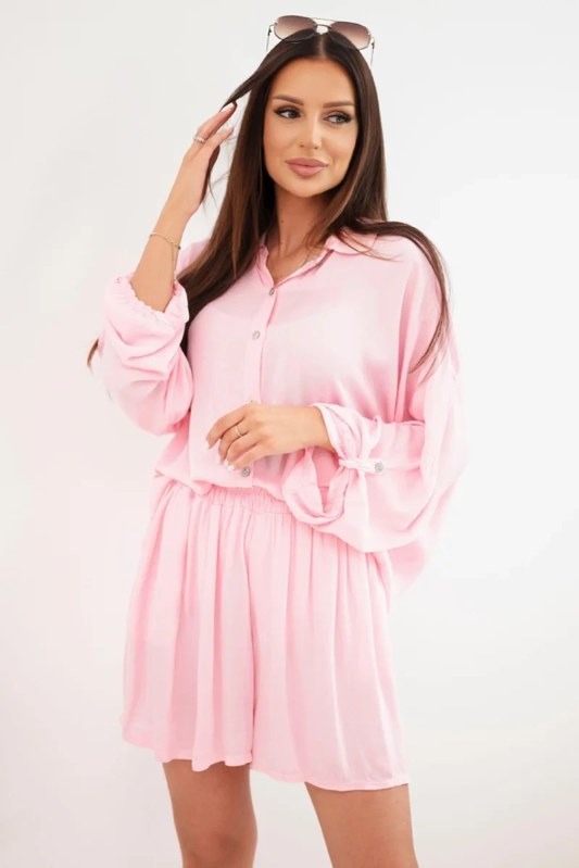 Dámský viskózový komplet košile s knoflíky a volné šortky světle růžová