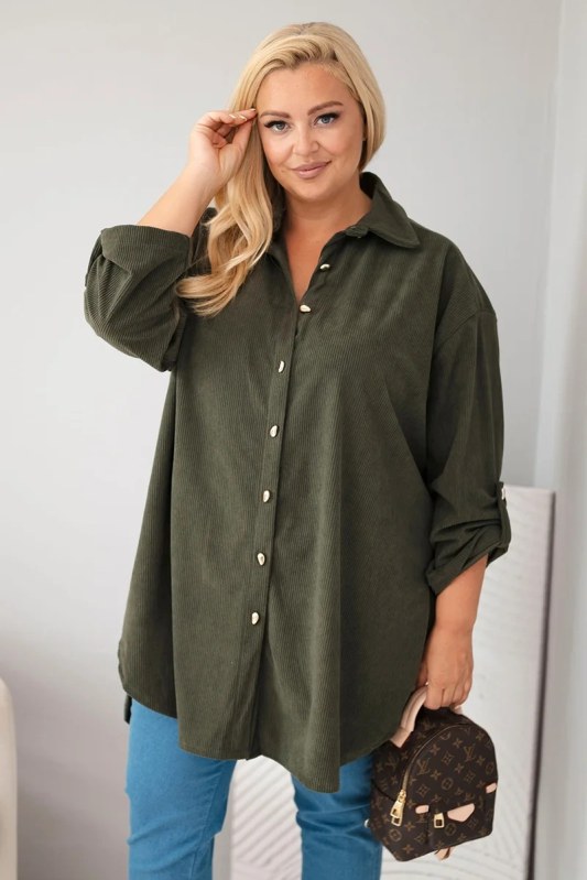 Dámská košile Plus Size z viskózy manšestrová s odepínacími rukávy khaki