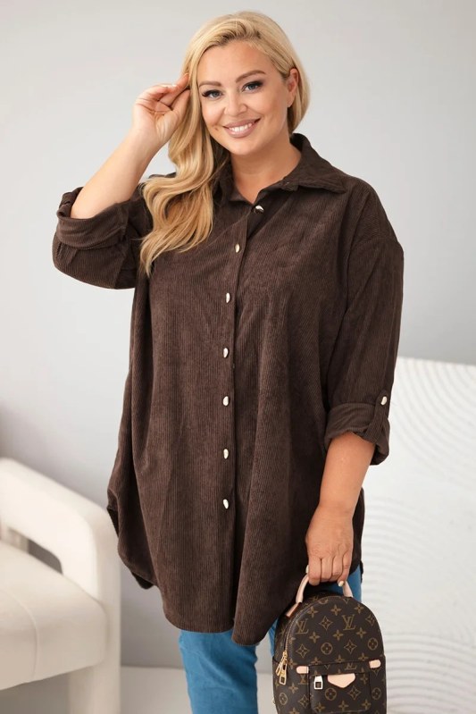 Dámská košile Plus Size z viskózy manšestrová s odepínacími rukávy hnědá