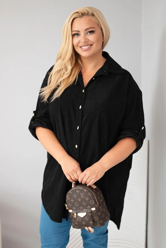 Dámská košile Plus Size z viskózy manšestrová s připínacími rukávy černá