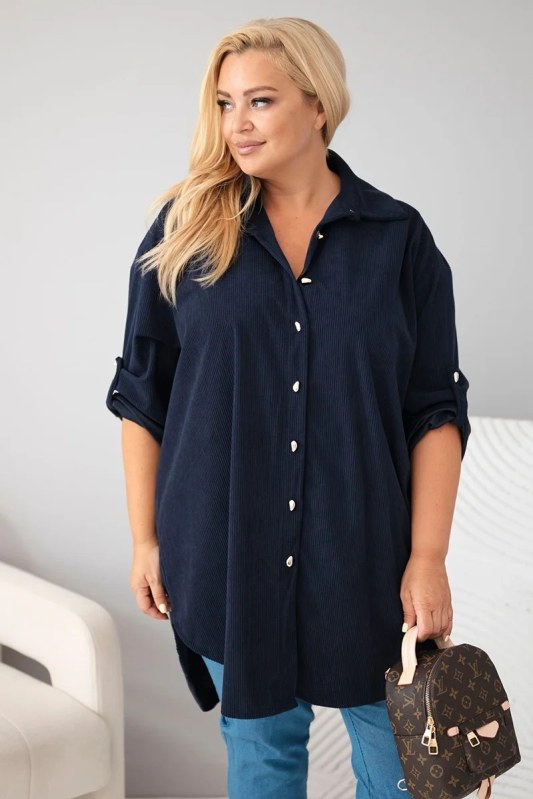 Dámská košile Plus Size z viskózy manšestrová s odepínacími rukávy modrá