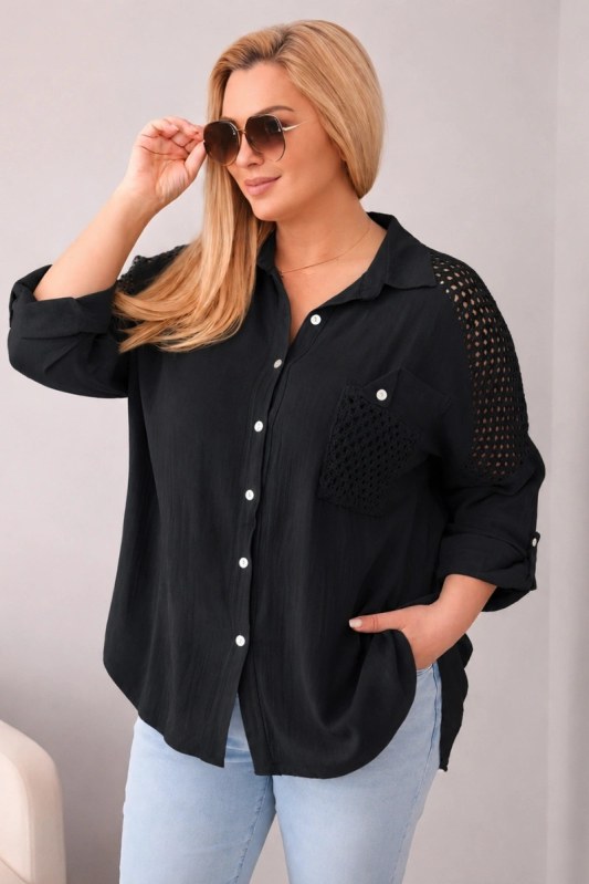 Dámská bavlněná košile Plus Size s límečkem a krajkovým vsadkou černá