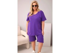 Dámská bavlněná souprava Plus Size s halenkou a šortkami fialová
