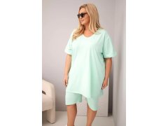 Dámský bavlněný komplet Plus Size s halenkou a šortkami mátový