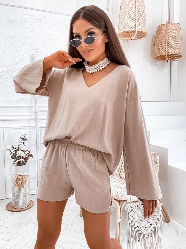 Lněná souprava oversize halenka a&nbsp;šortky cappuccino (752) - Dámské oblečení kraťasy