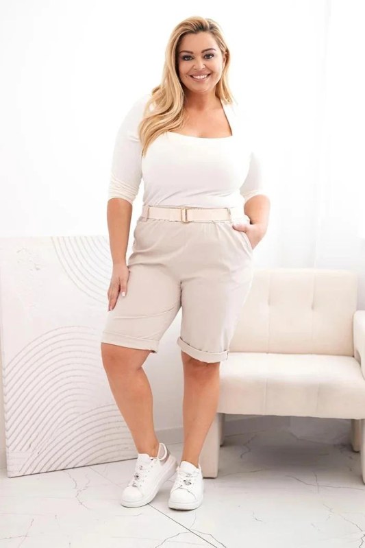 Dámské bavlněné šortky Plus Size s&nbsp;páskem béžový - Dámské oblečení kraťasy
