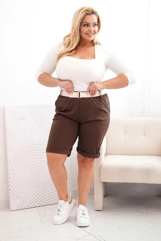 Dámské bavlněné šortky Plus Size s&nbsp;páskem hnědý - Dámské oblečení kraťasy