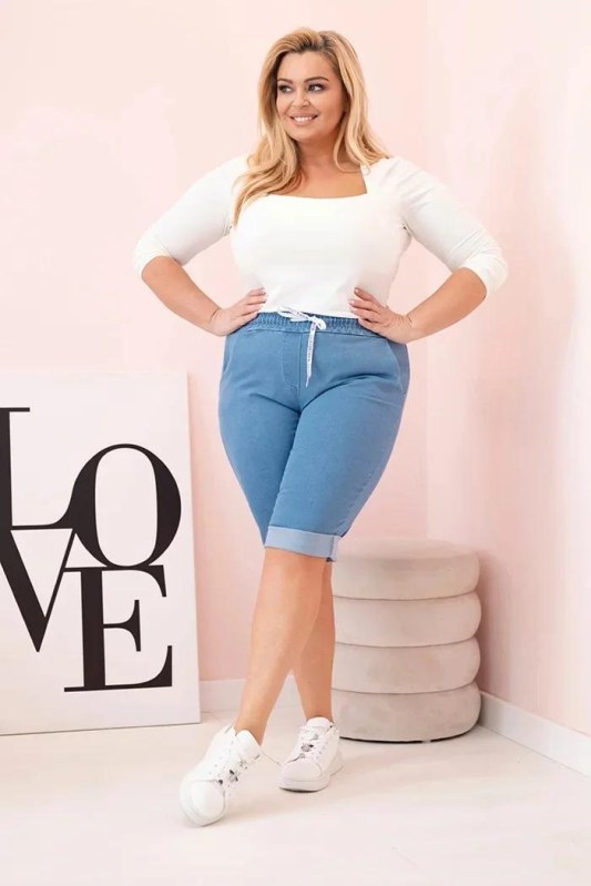 Dámské bavlněné šortky Plus Size s&nbsp;vázáním světlý denim - Dámské oblečení kraťasy