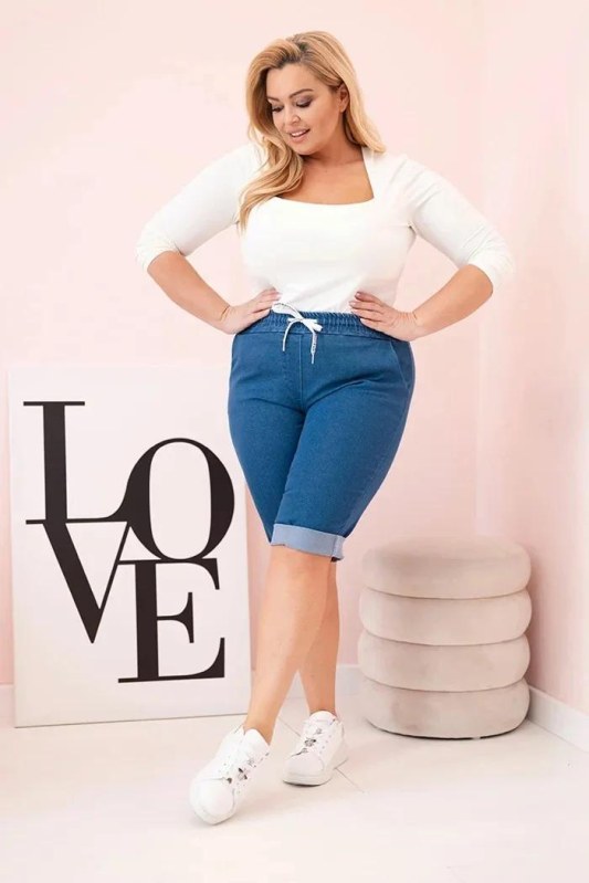 Dámské bavlněné šortky Plus Size s&nbsp;vázáním džínovina - Dámské oblečení kraťasy