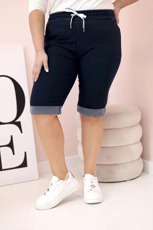 Dámské bavlněné šortky Plus Size s&nbsp;vázáním námořnická modrá - Dámské oblečení kraťasy