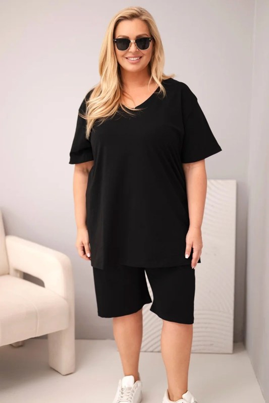 Dámská bavlněná souprava Plus Size s halenkou a kraťasy černá