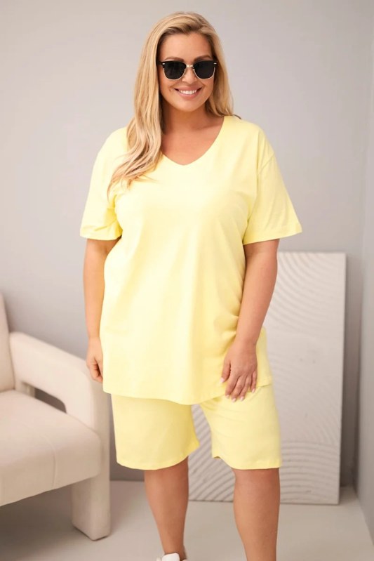 Dámský bavlněný komplet Plus Size s halenkou a šortkami žlutý