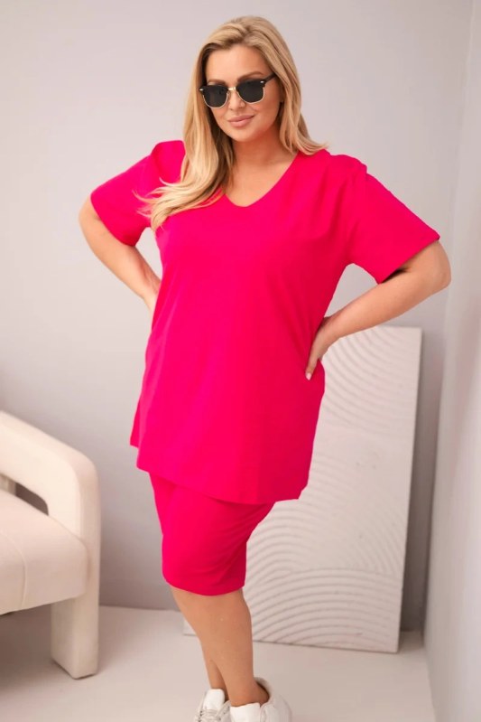 Dámská bavlněná souprava Plus Size s halenkou a šortkami fuchsiová