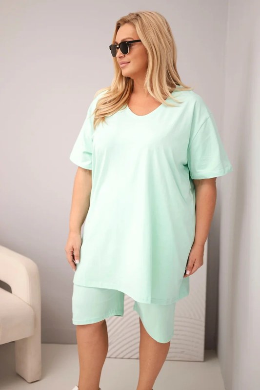 Dámský bavlněný komplet Plus Size s halenkou a šortkami mátový