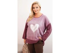 Dámská mikina Plus Size bavlněná s&nbsp;potiskem srdce a&nbsp;šňůrkami tmavě růžová