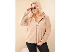 Dámská mikina Plus Size manšestrová s&nbsp;kapucí a&nbsp;zipem oversize camelová