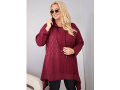 Dámská bavlněná mikina Plus Size s kapucí a pleteným pruhem bordó barva