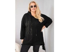 Dámská bavlněná mikina Plus Size s kapucí a pleteným pruhem černá