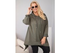 Dámská bavlněná mikina Plus Size s kapucí a pleteným panelem khaki