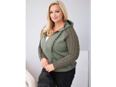 Dámská bavlněná mikina Plus Size s&nbsp;pletenými rukávy a&nbsp;kapucí khaki