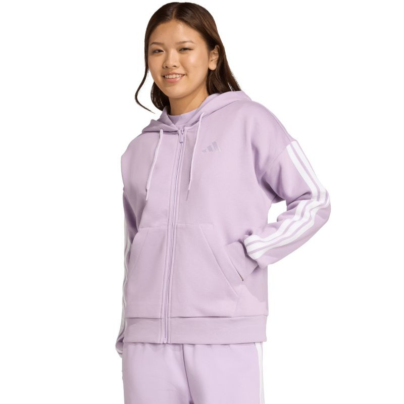 Dámská fleecová mikina adidas Essentials 3-Stripes s kapucí a zipem, fialová JY3080