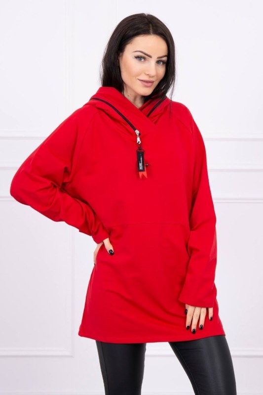 Oversize tunika na zip s kapucí červená - Dámské oblečení mikiny