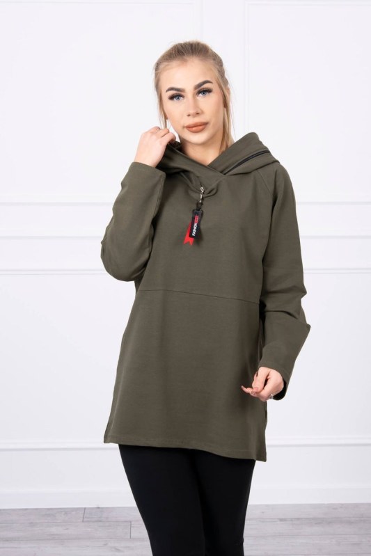 Tunika na zip s kapucí Oversize khaki barva Tunika na zip s kapucí Oversize khaki barva - Dámské oblečení mikiny