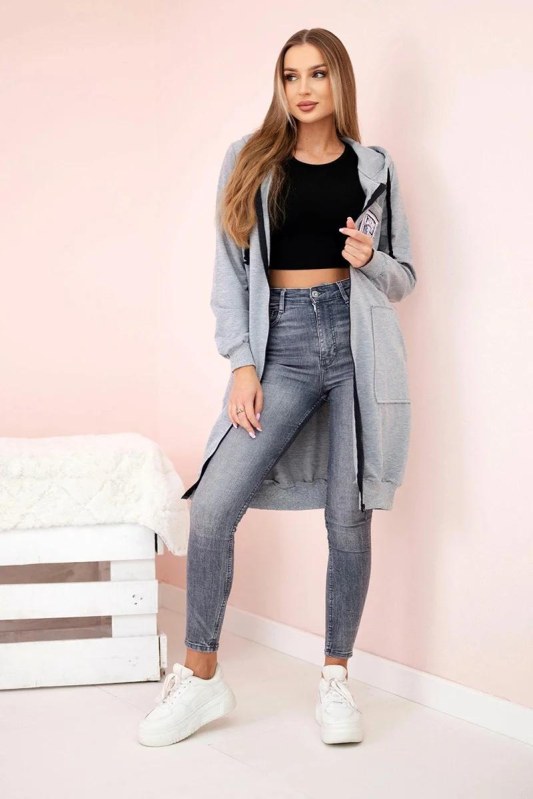 Dámská delší mikina s&nbsp;kapucí a&nbsp;zipem šedý - Dámské oblečení mikiny