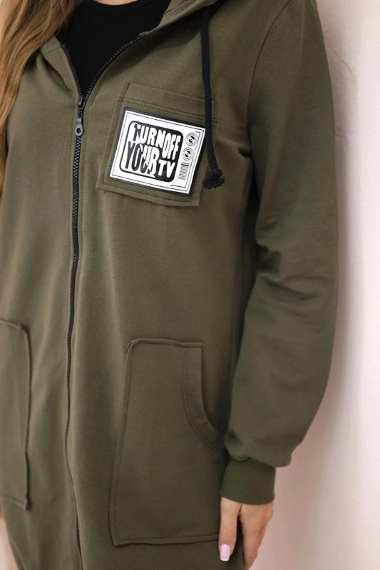 Dámská delší mikina s&nbsp;kapucí a&nbsp;zipem khaki - Dámské oblečení mikiny