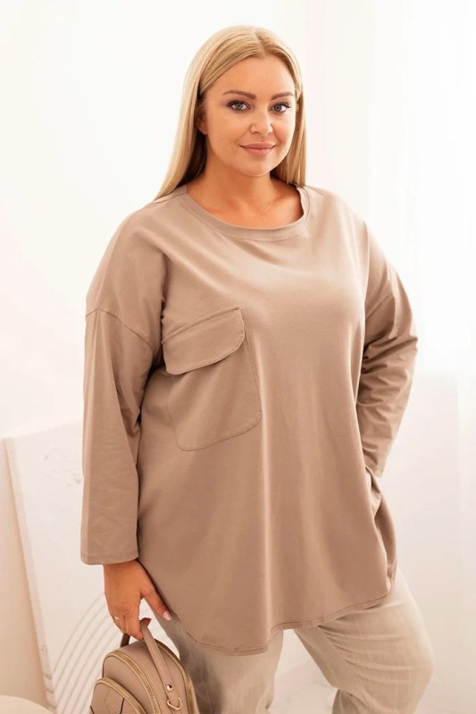Dámská blůza Plus Size s bavlnou, s kapsou a ohrnovacími rukávy fango