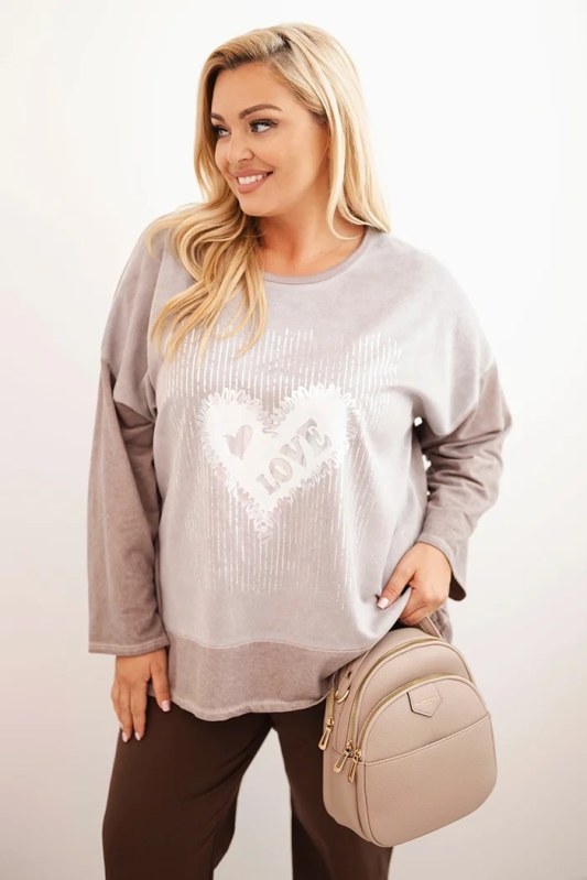 Dámská mikina Plus Size bavlněná s potiskem srdce a šňůrkami fango