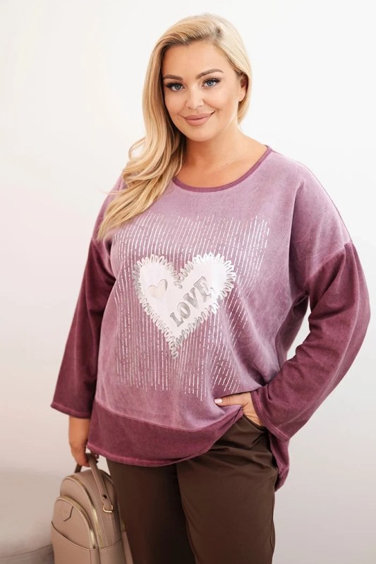 Dámská mikina Plus Size bavlněná s potiskem srdce a šňůrkami tmavě růžová