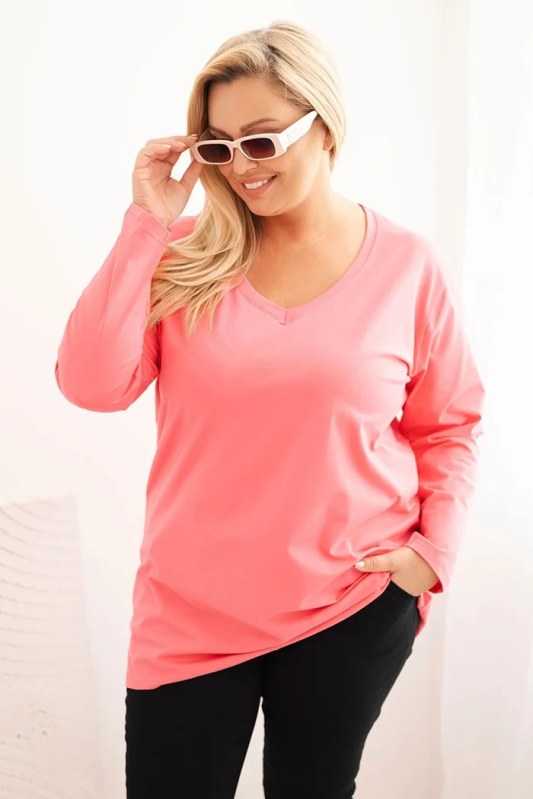 Dámská blůza Plus Size s výstřihem do V a dlouhým rukávem růžová