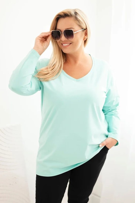 Dámská blůza Plus Size s výstřihem do V a dlouhým rukávem mátová