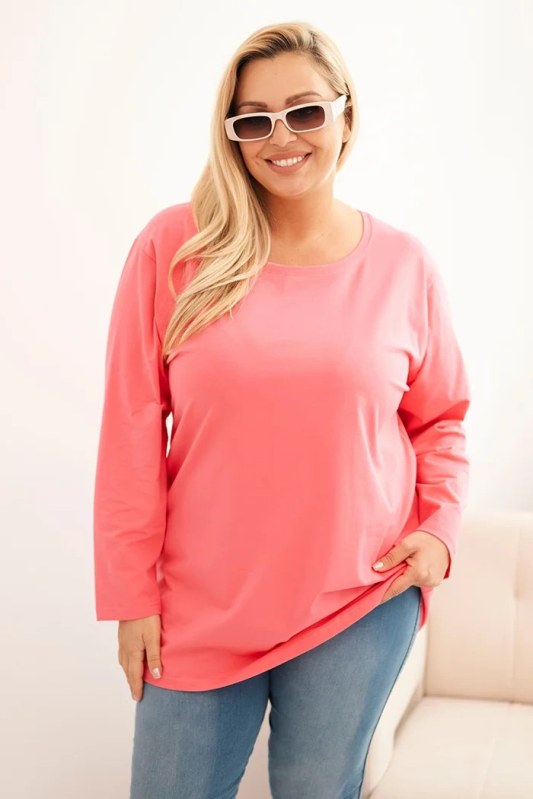 Dámská blůza Plus Size bavlněná s&nbsp;kulatým výstřihem růžová - Dámské oblečení mikiny