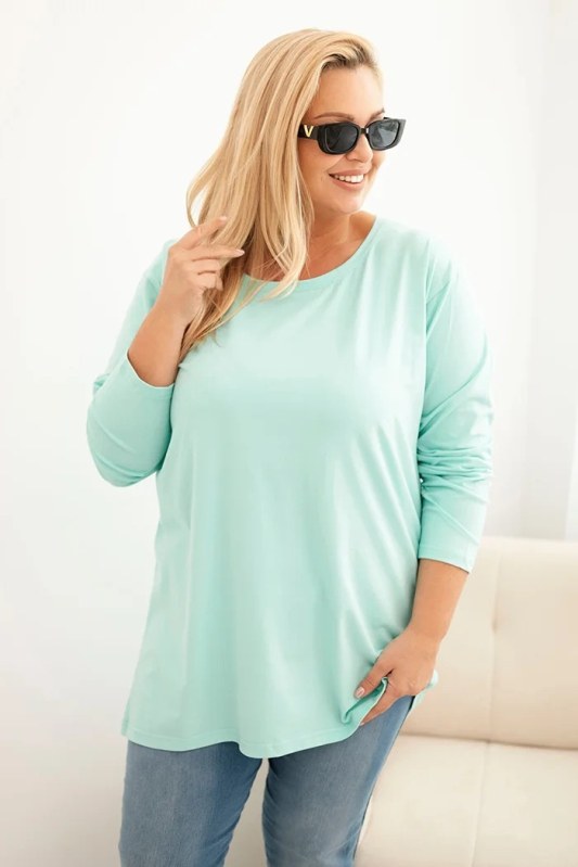 Dámská blůza Plus Size bavlněná s kulatým výstřihem mátová