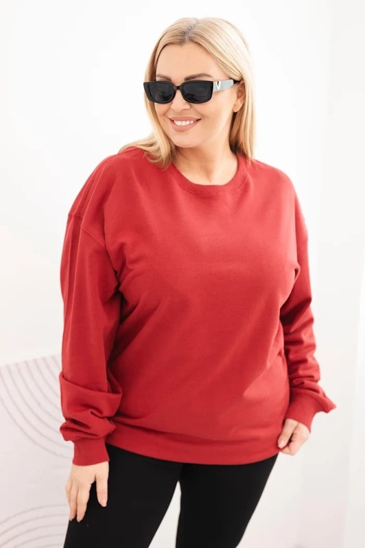 Dámská mikina s kroužkovým designem Plus Size bavlněná basic s kulatým výstřihem bordó