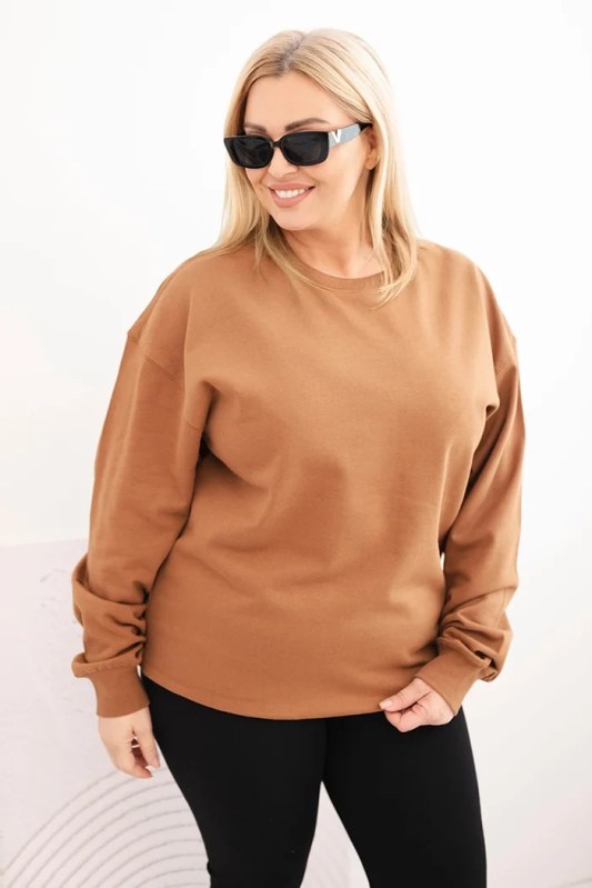Dámská mikina Plus Size bavlněná basic s kulatým výstřihem camelová