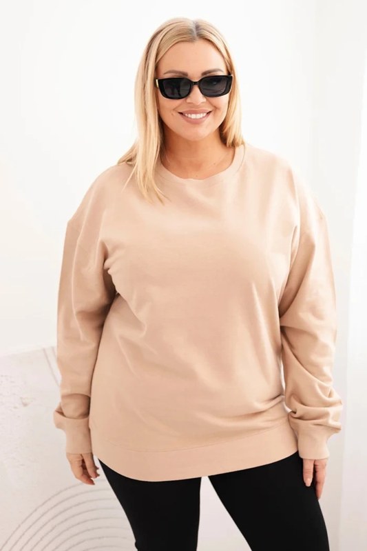 Dámská mikina Plus Size bavlněná basic s kulatým výstřihem bežová