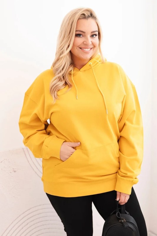 Dámská mikina s kapucí a klokaní kapsou Plus Size z bavlny hořčicová