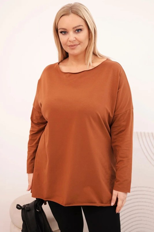 Dámská blůza Plus Size asymetrická s&nbsp;dlouhým rukávem tmavě camelová - Dámské oblečení mikiny
