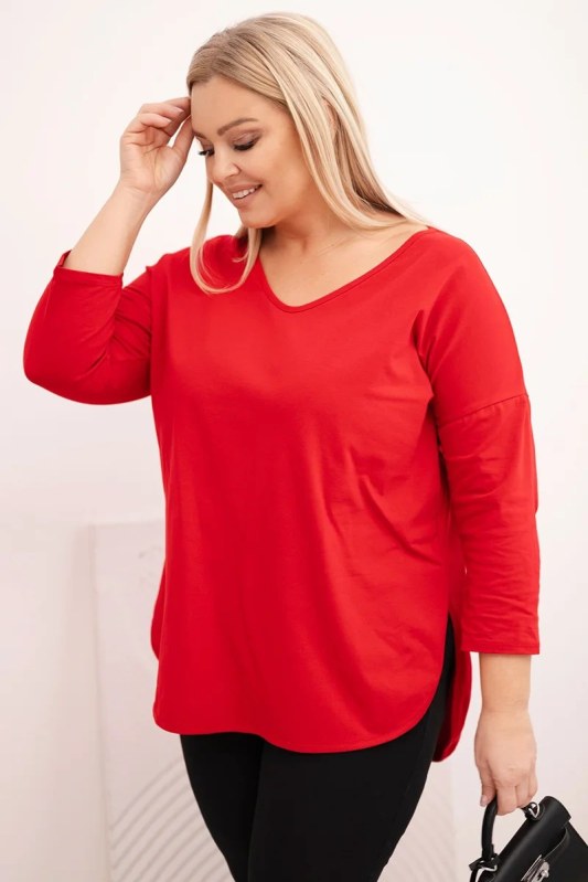 Dámská bavlněná blůza Plus Size s výstřihem do V a ohrnutým rukávem červená