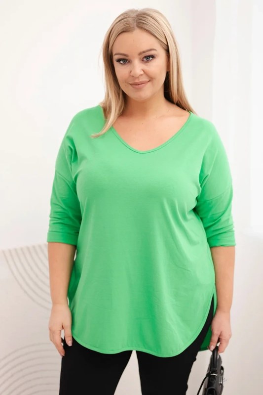 Dámská bavlněná blůza Plus Size s výstřihem do V a ohrnutým rukávem světle zelená